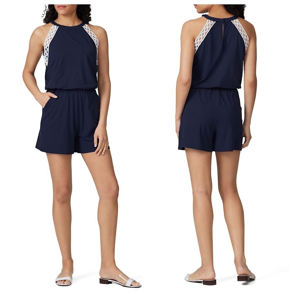 Lilly Pulitzer Lala Halter Neck Romper Womens Sz XS Navy Lace Trim Sleeveless